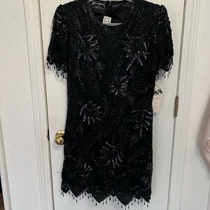 Vintage 100% Silk Beaded Dress Robert Anthony Black Sequin Cocktail Dress Size 8